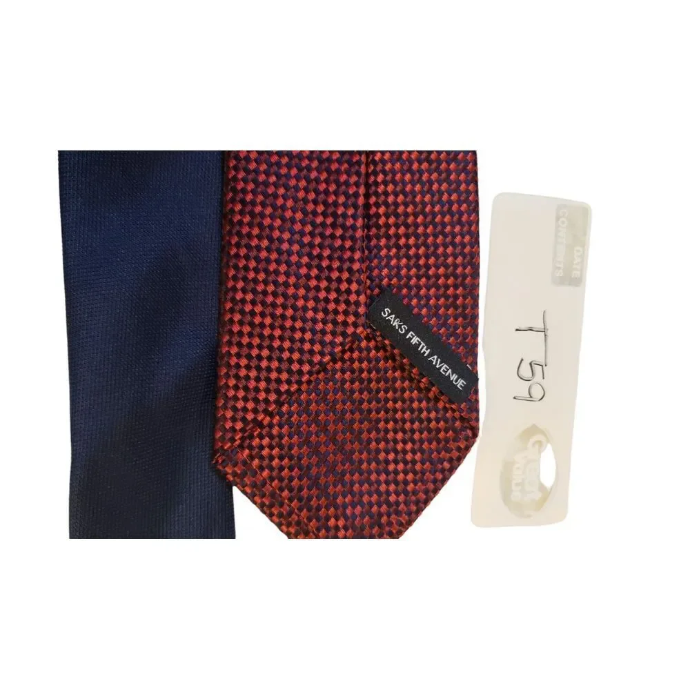 Saks‎ Fifth Avenue Neck Tie Duo Blue & Red Checker and Blue Solid 100% Silk